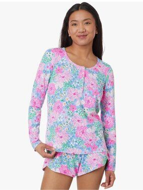 🦩🌴Lilly Pulitzer PJ Knit LS Henley Top – Lil Soiree All Day🌺🍊